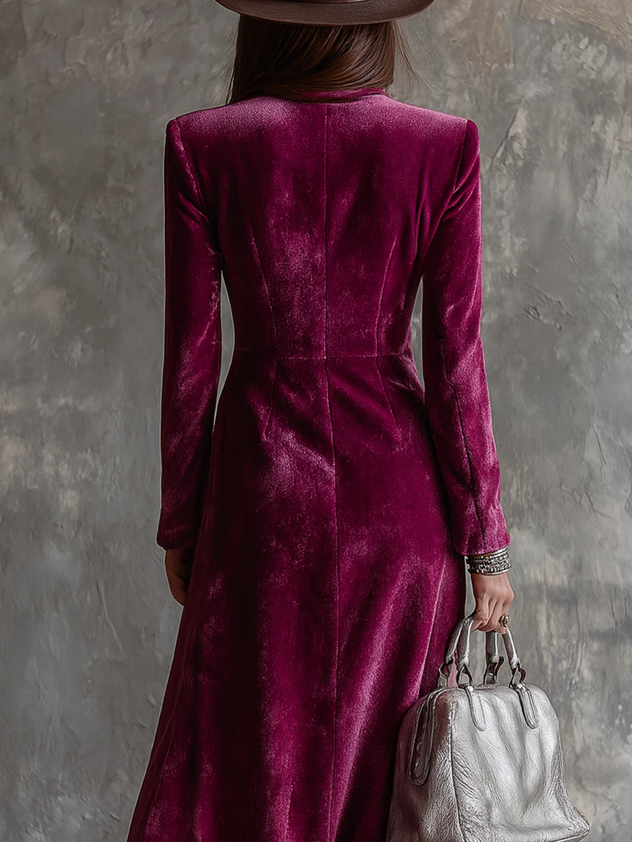 Carol | Long Blue Velvet Button-Up Blazer