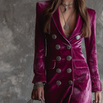 Carol | Long Blue Velvet Button-Up Blazer