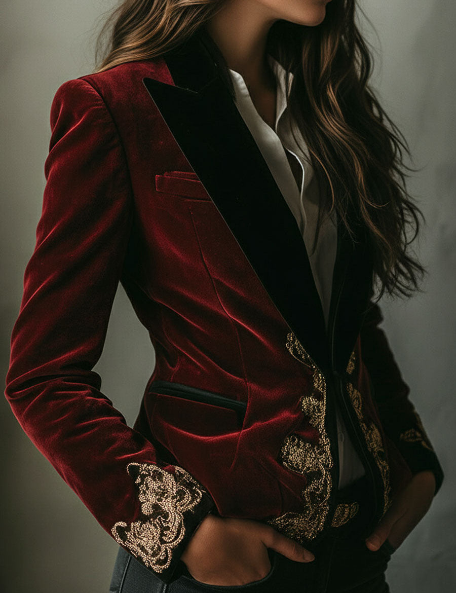 Betty | Elegant Black Blazer with Luxurious Gold-Embroidered Velvet Trim