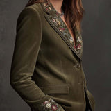 Blanche | Olive Velvet Blazer with Floral Embroidery