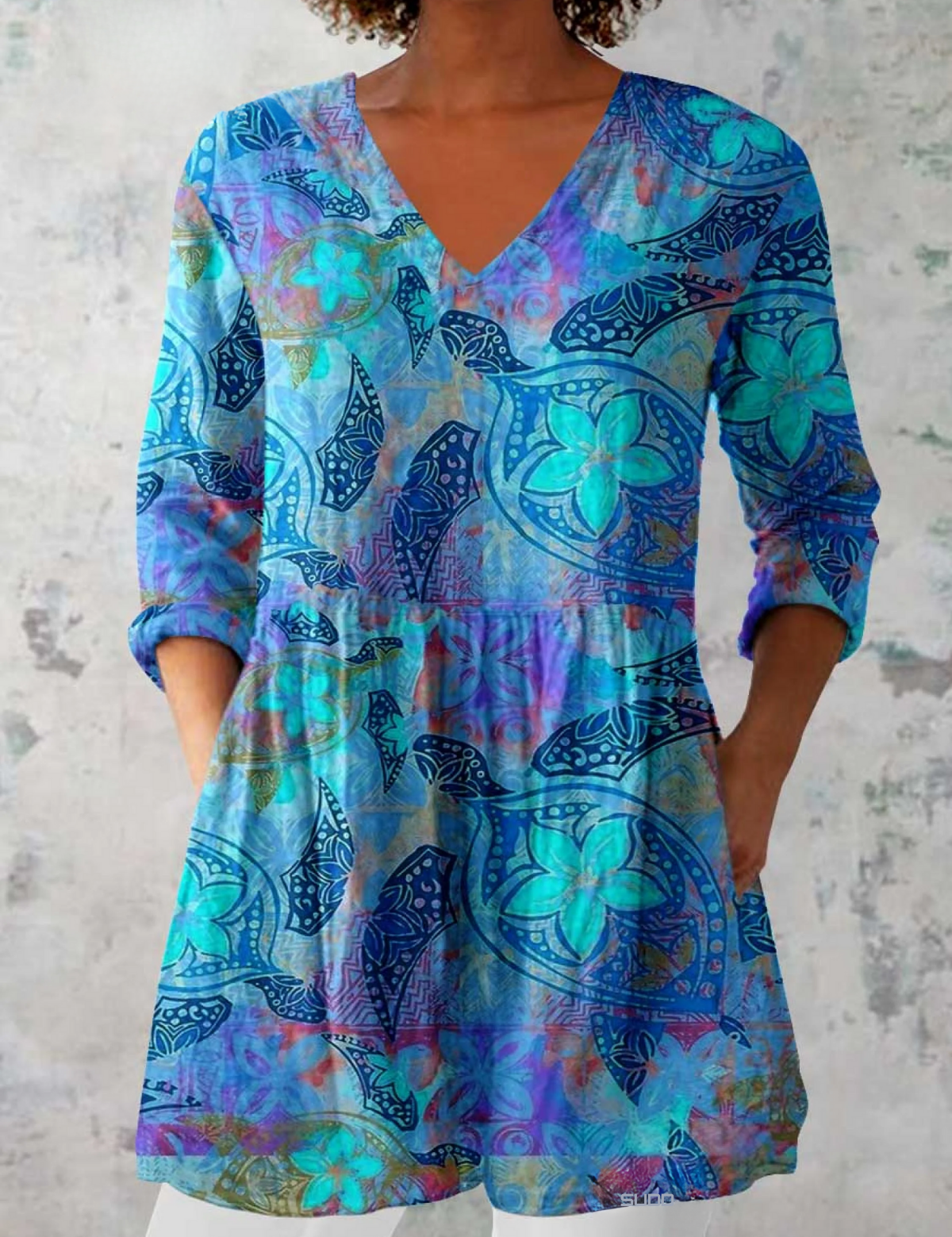 Elaine | Long Blue V-Neck Blouse