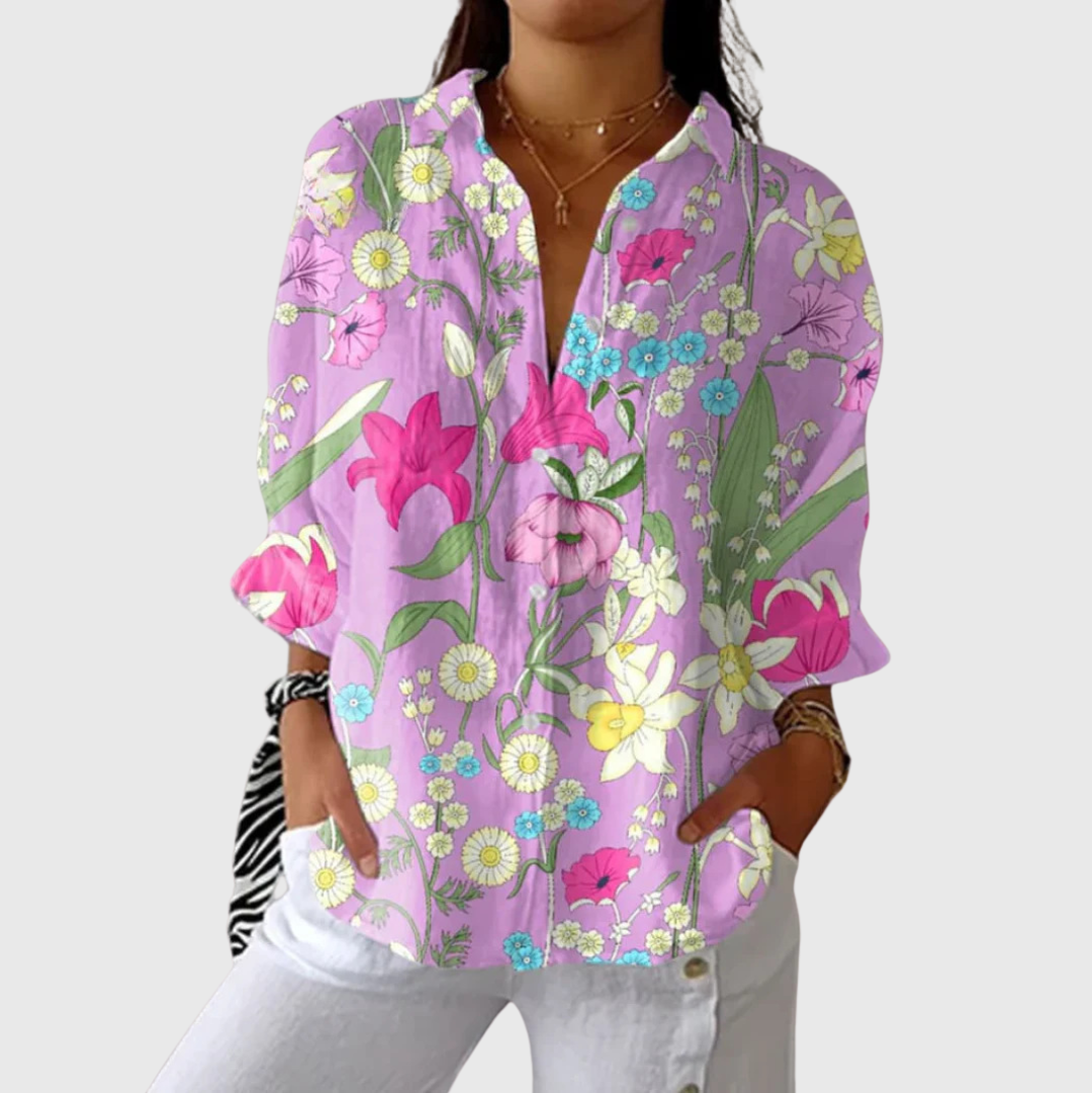 Peggy | Pink Blouse with Flowers and Birds