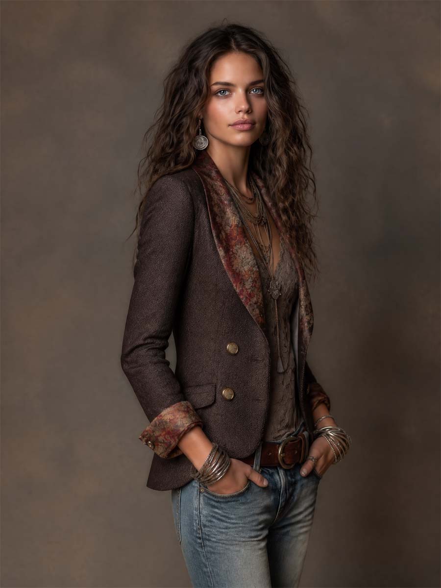 Antonia | Vintage Herringbone Jacket with Floral Design