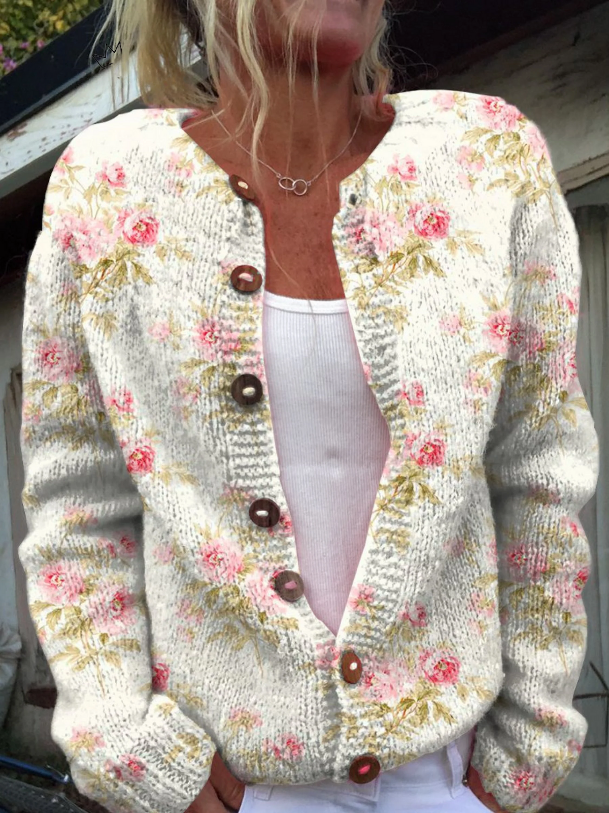 Cecily | Button-Up Knit Cardigan with Floral and Leaf Print