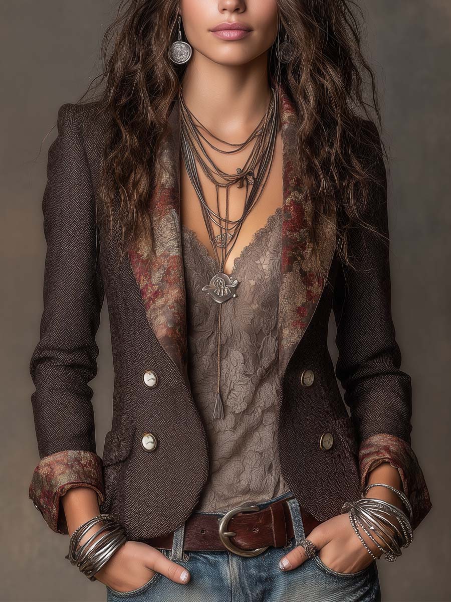 Antonia | Vintage Herringbone Jacket with Floral Design