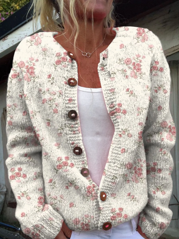 Doreen | Pink Rose Design Button-Up Knit Cardigan