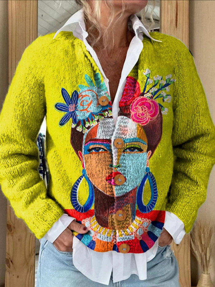 Beatrix | Button-Up Cardigan with Artistic Portrait