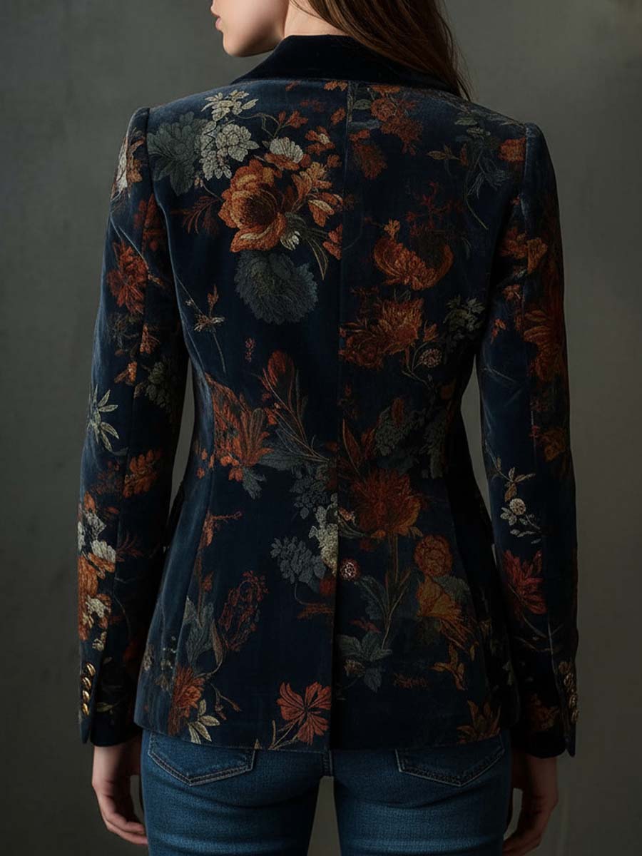 Chloe | Retro Floral Velvet Blazer with Metal Buttons