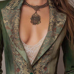 Amelia | Fitted Olive Green Blazer with Vintage Floral Tapestry Lapels and Cuffs