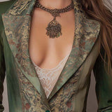 Amelia | Fitted Olive Green Blazer with Vintage Floral Tapestry Lapels and Cuffs