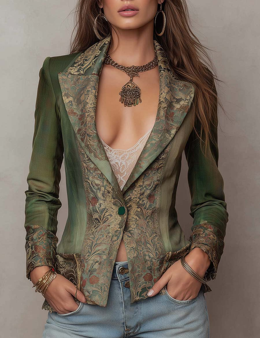 Amelia | Fitted Olive Green Blazer with Vintage Floral Tapestry Lapels and Cuffs
