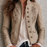 Angela | Retro Beige Stand-Collar Jacket with Floral Design