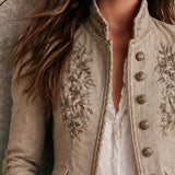 Angela | Retro Beige Stand-Collar Jacket with Floral Design