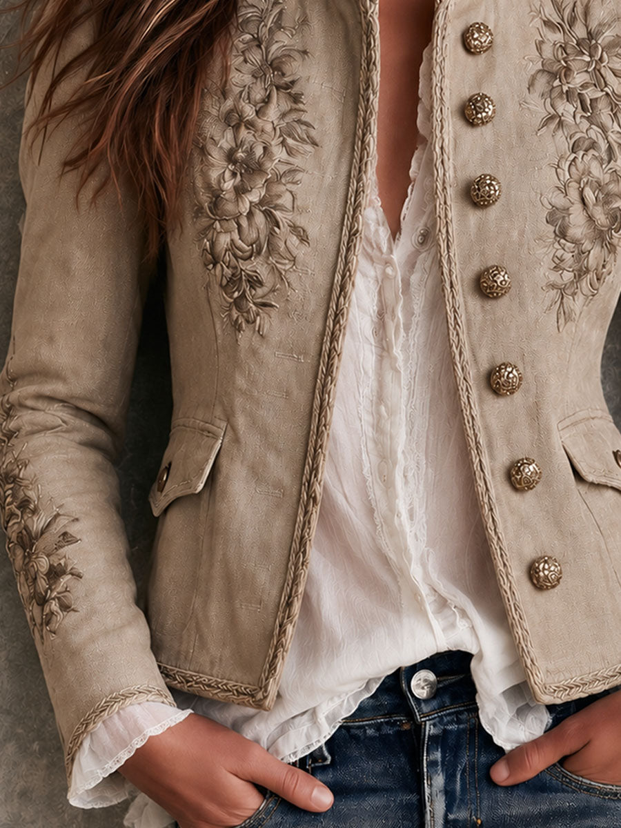 Angela | Retro Beige Stand-Collar Jacket with Floral Design
