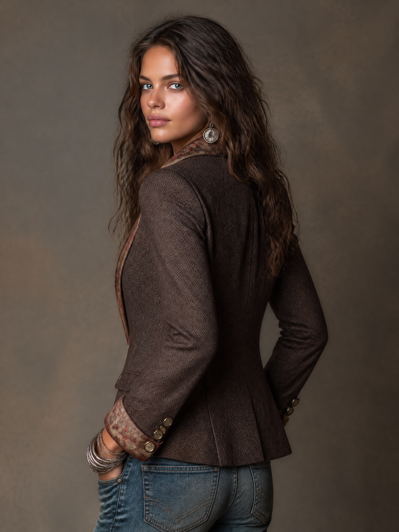 Antonia | Vintage Herringbone Jacket with Floral Design