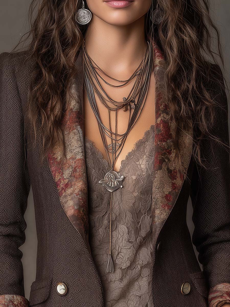 Antonia | Vintage Herringbone Jacket with Floral Design