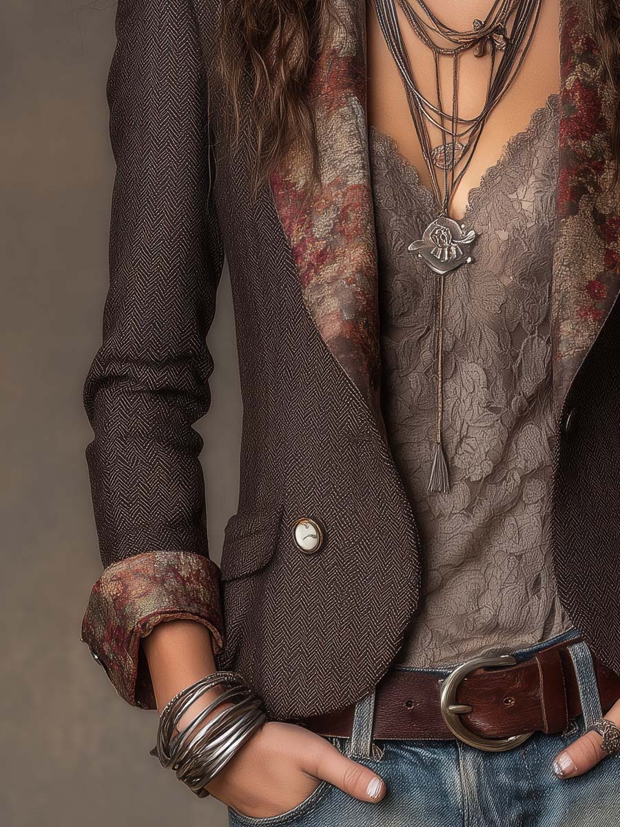 Antonia | Vintage Herringbone Jacket with Floral Design