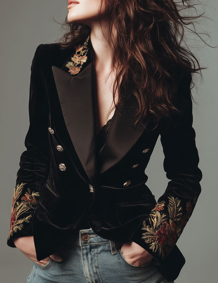 Ava | Quiet Luxury Floral Embroidered Satin-Lapel Slim Velvet Blazer