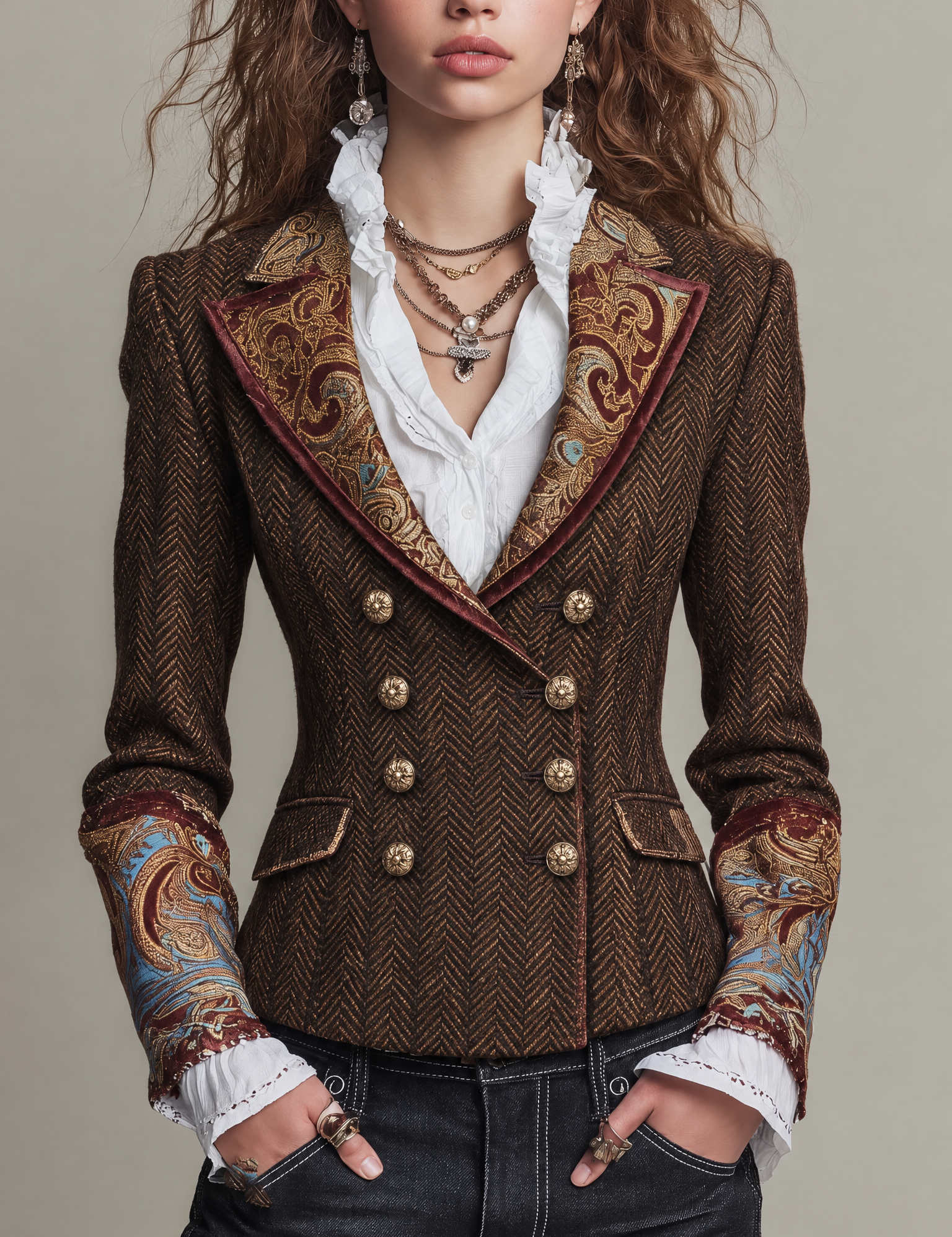 Edwina | Classic Double-Breasted Vintage Herringbone Tweed Blazer with Baroque Print