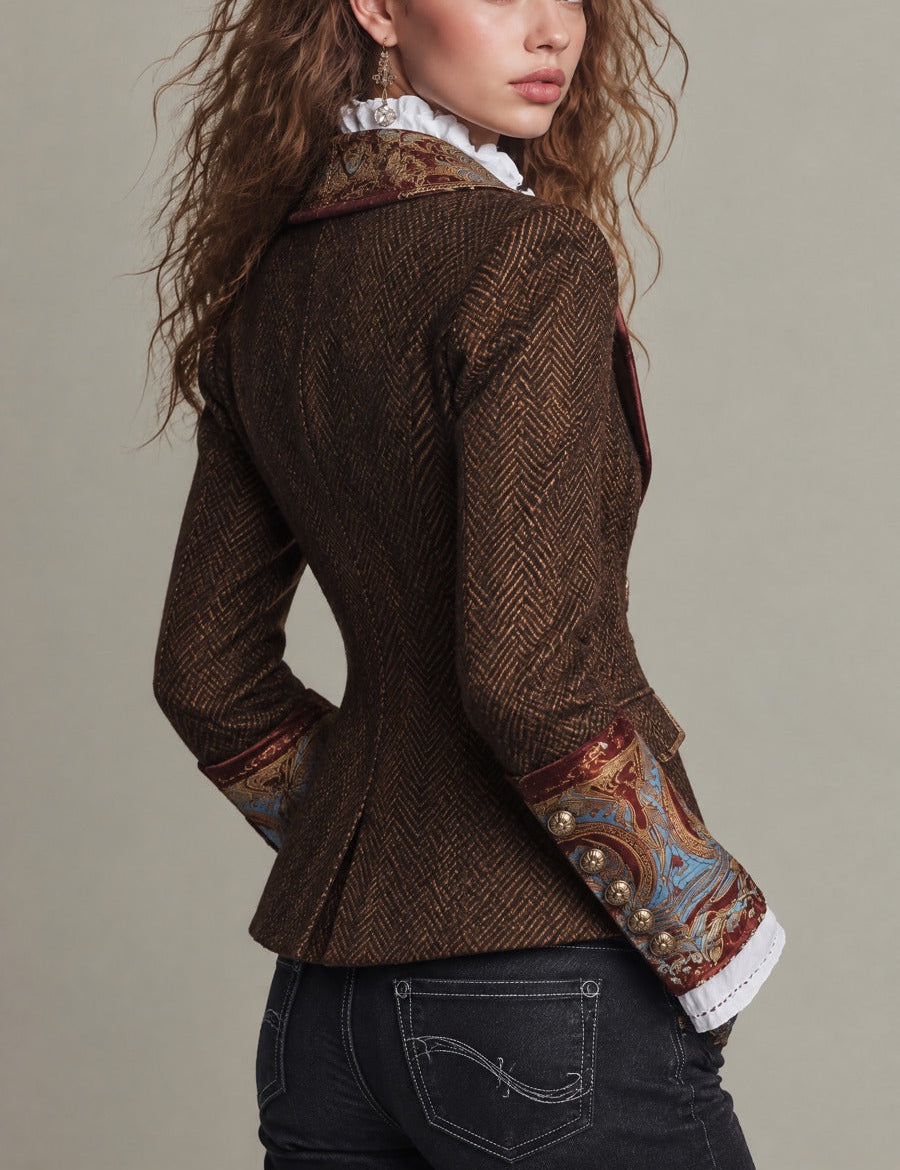 Edwina | Classic Double-Breasted Vintage Herringbone Tweed Blazer with Baroque Print