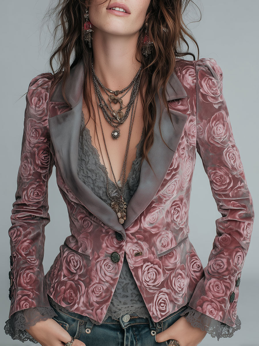 Esme | Elegant Pink Velvet Slim-Fit Blazer