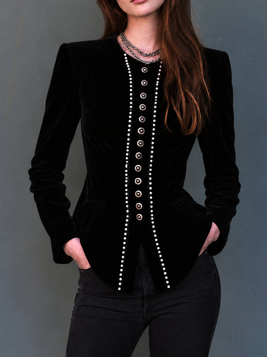 Elsie | Midnight Nomad Velvet Blazer with Pearl Details