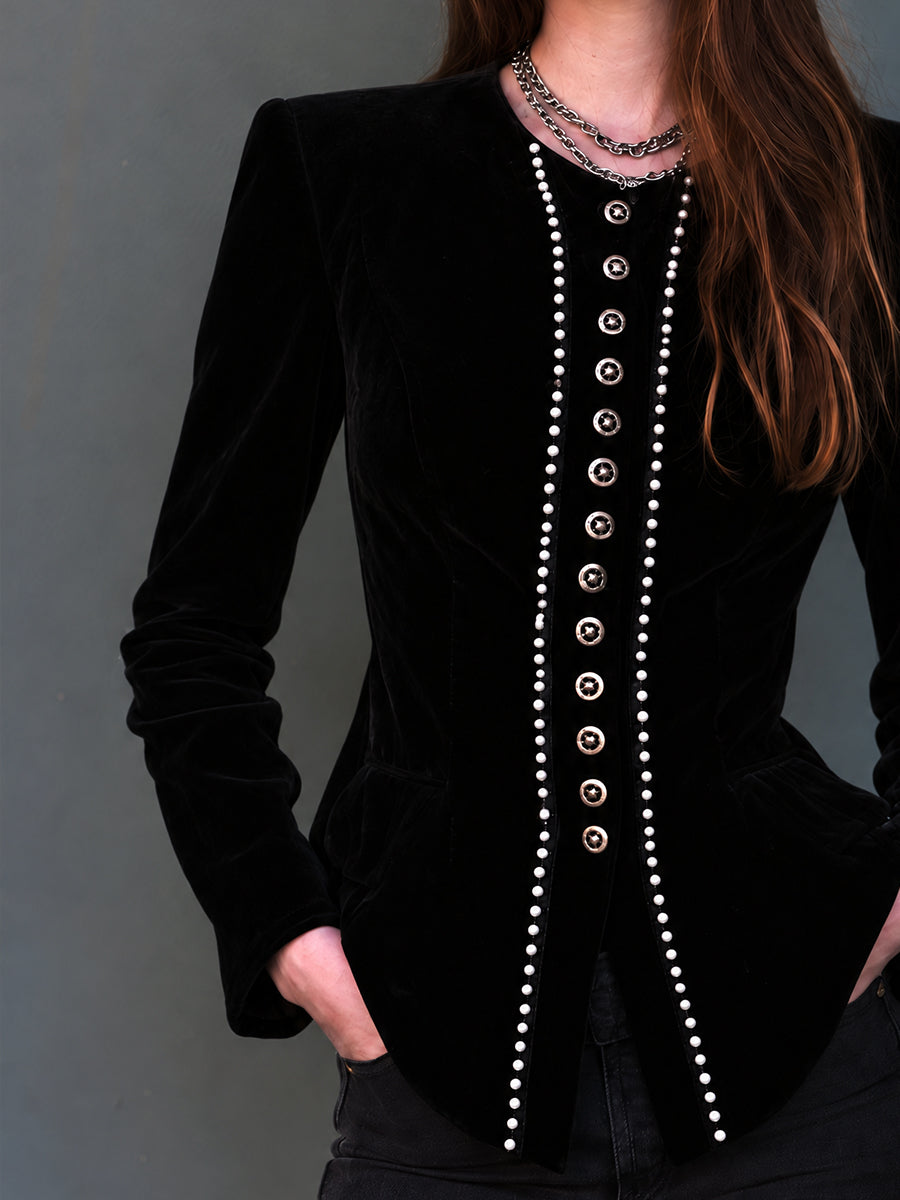 Elsie | Midnight Nomad Velvet Blazer with Pearl Details