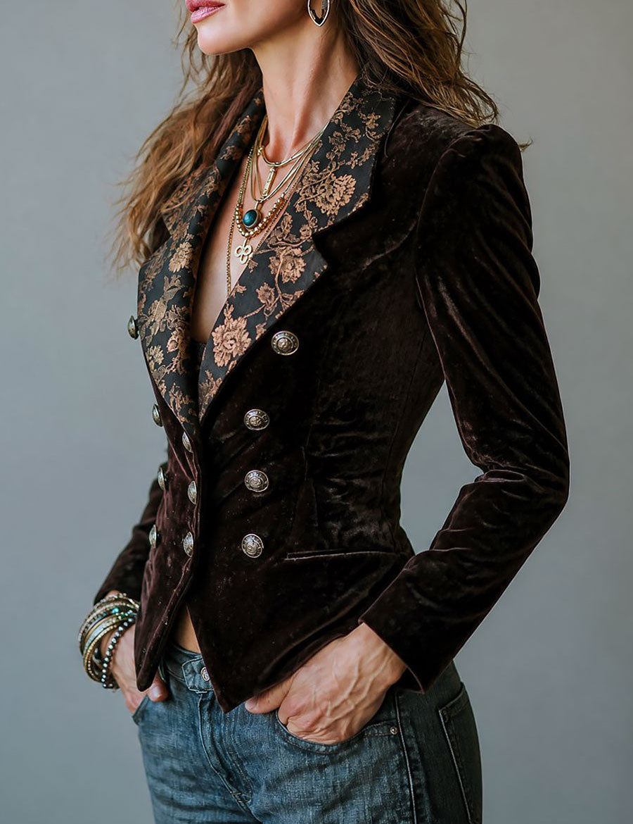 Christina | Double-Breasted Velvet Jacket with Sparkling Floral Lapels