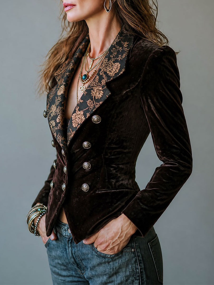 Christina | Double-Breasted Velvet Jacket with Sparkling Floral Lapels