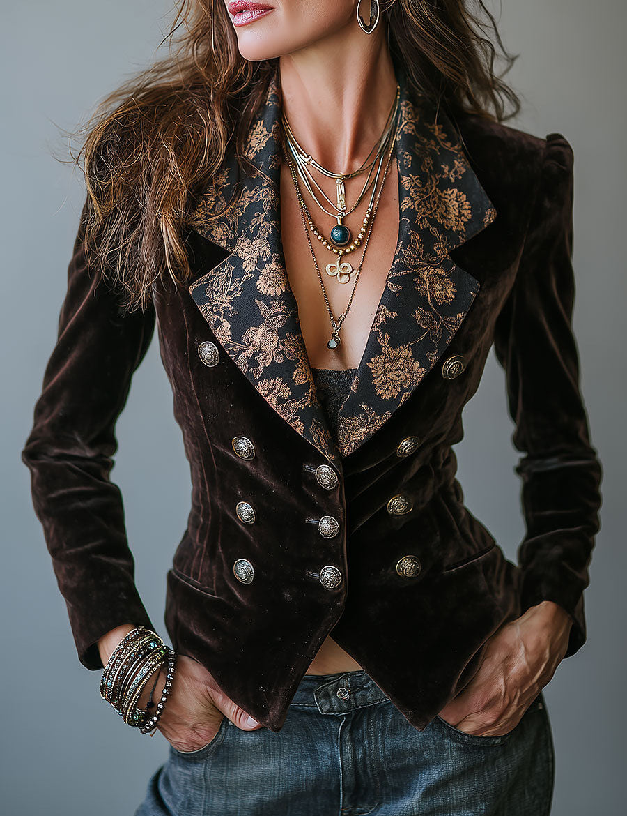 Christina | Double-Breasted Velvet Jacket with Sparkling Floral Lapels