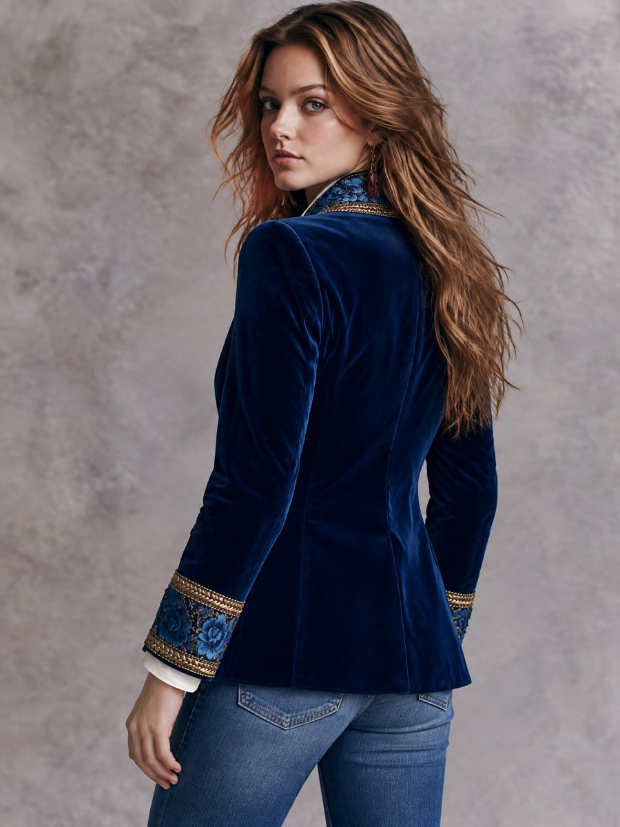 Fiona | Luxury Blue Floral Blazer with Embroidered Embellishments for Boho Style