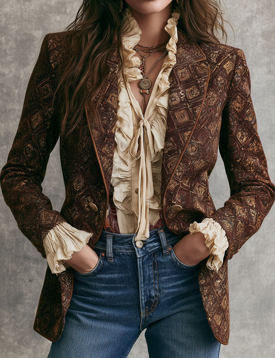 Carol | Vintage 70s Dark Brown Double-Breasted Geometric Print Jacket