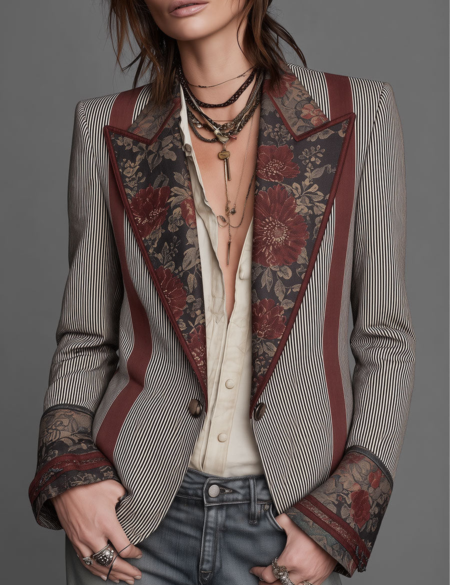 Faith | Quiet Luxury Striped Floral Blazer with Piping