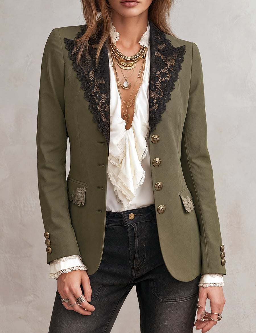 Felicity | Olive Blazer with Lace Trim