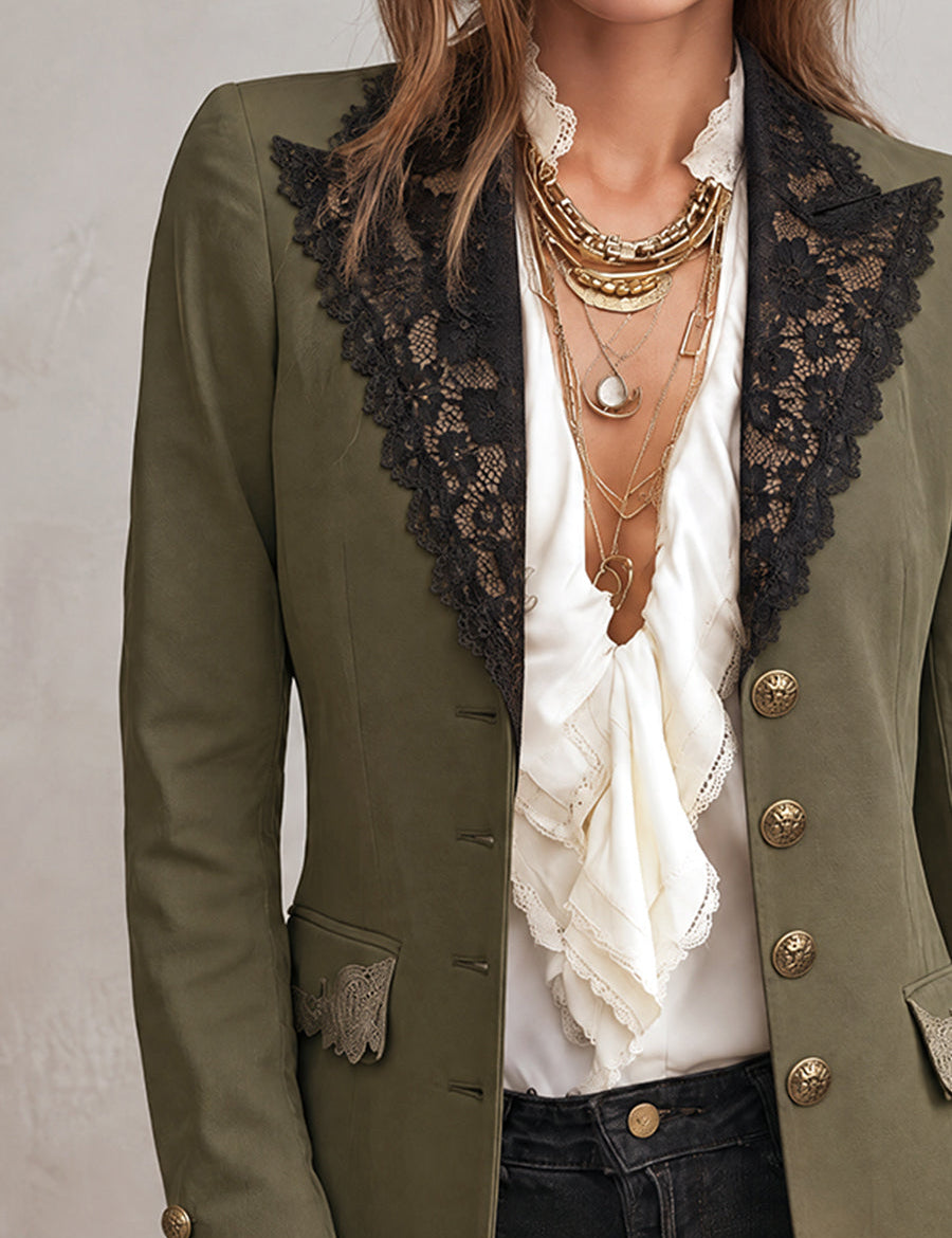Felicity | Olive Blazer with Lace Trim