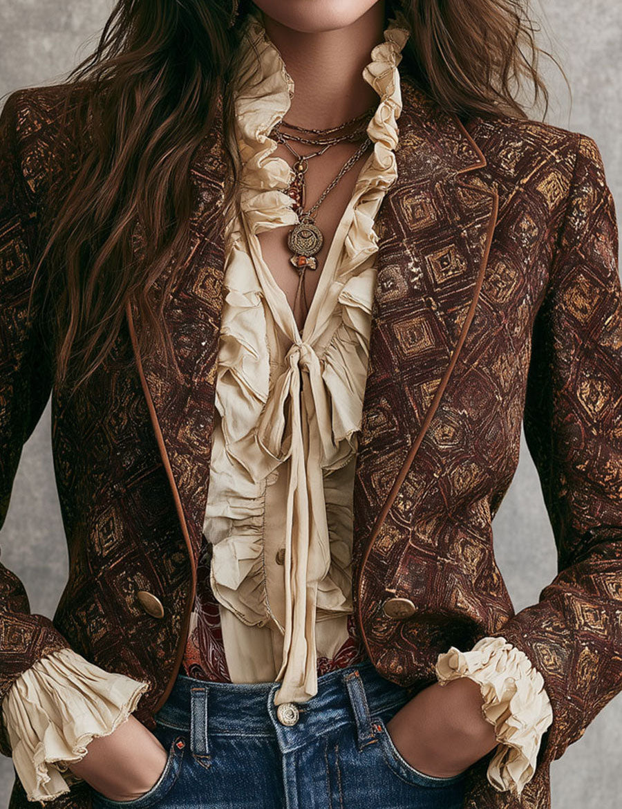 Carol | Vintage 70s Dark Brown Double-Breasted Geometric Print Jacket