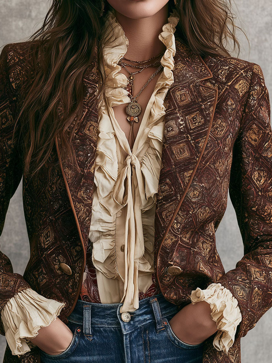 Carol | Vintage 70s Dark Brown Double-Breasted Geometric Print Jacket