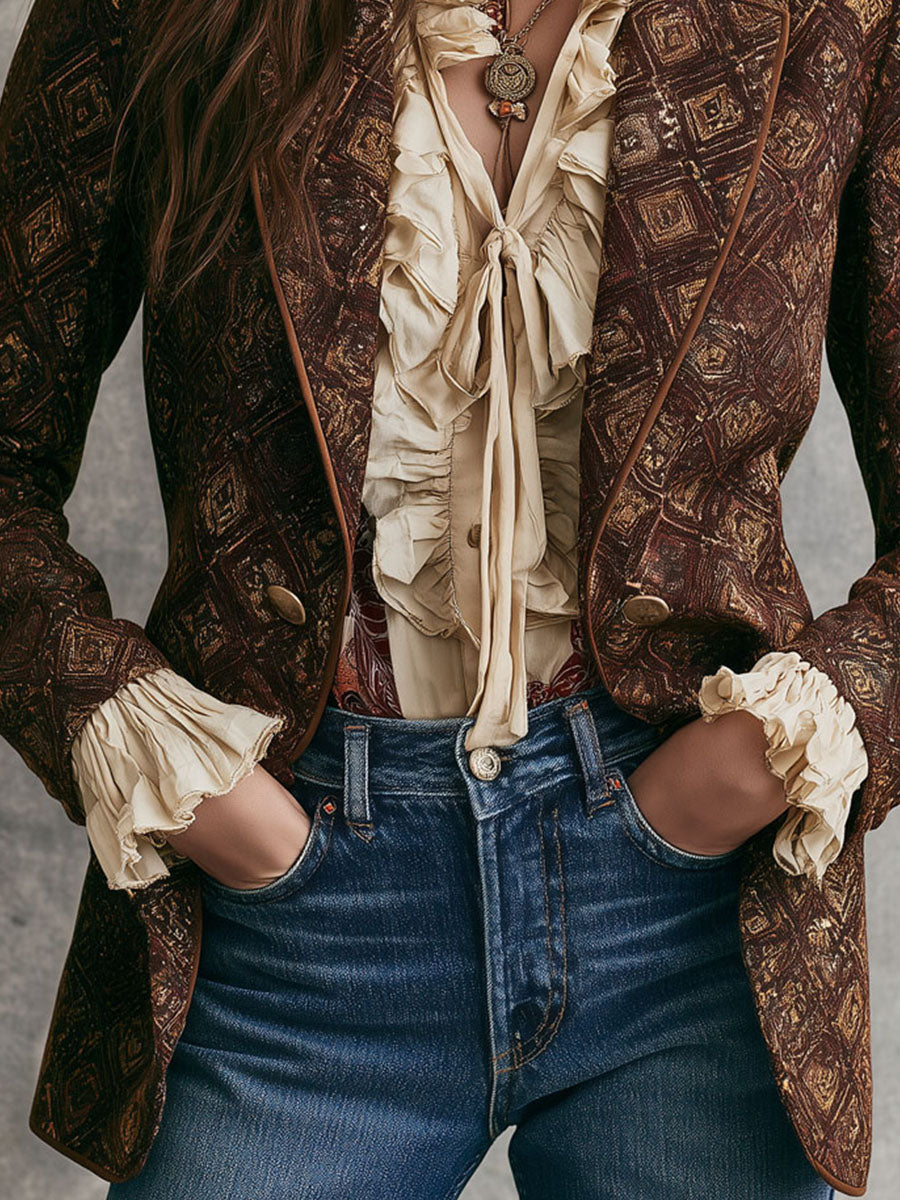 Carol | Vintage 70s Dark Brown Double-Breasted Geometric Print Jacket