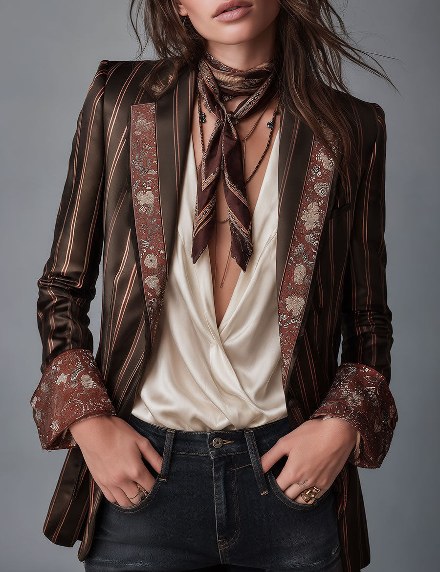 Grace | Retro Striped Satin Blazer with Floral Brocade Trim