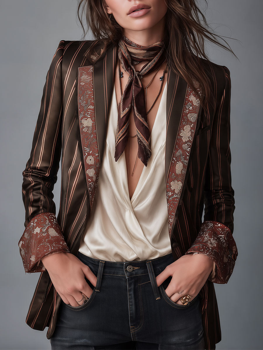 Grace | Retro Striped Satin Blazer with Floral Brocade Trim