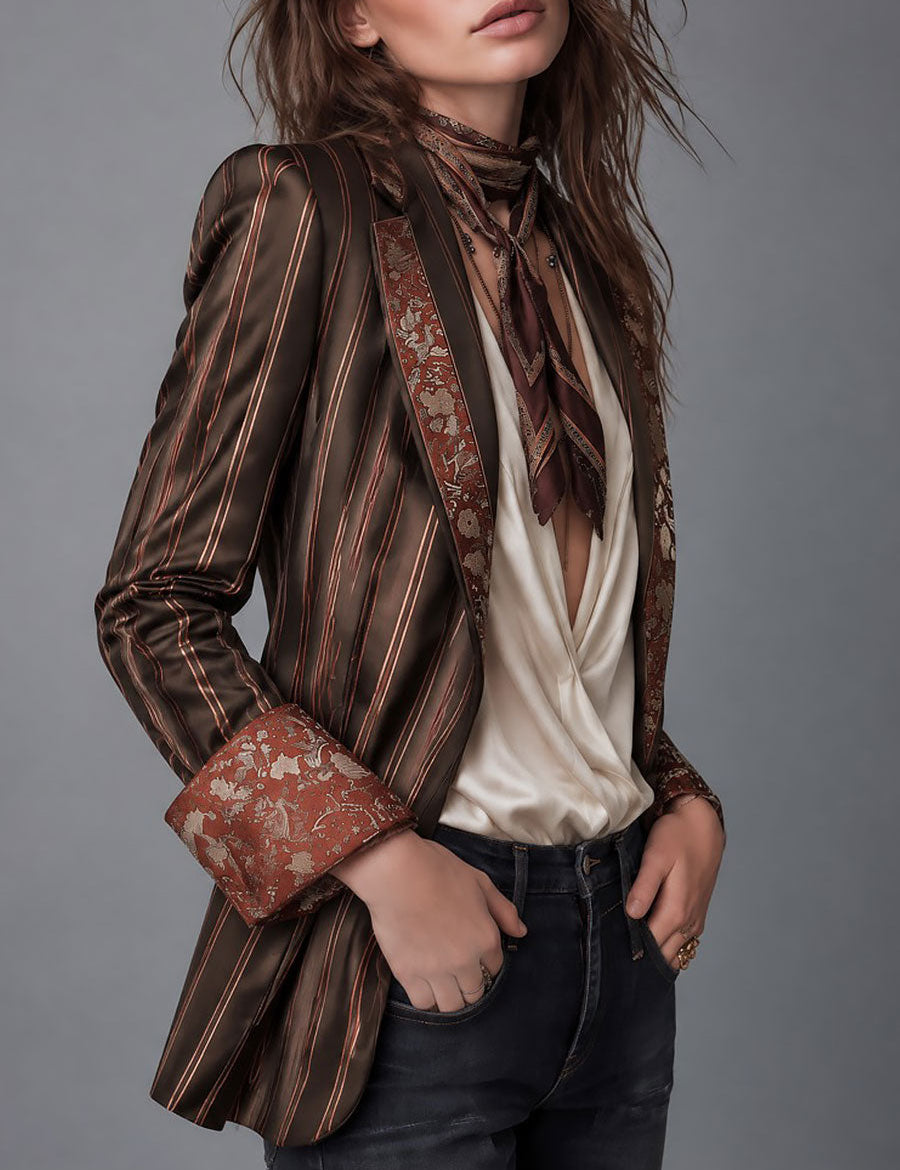 Grace | Retro Striped Satin Blazer with Floral Brocade Trim