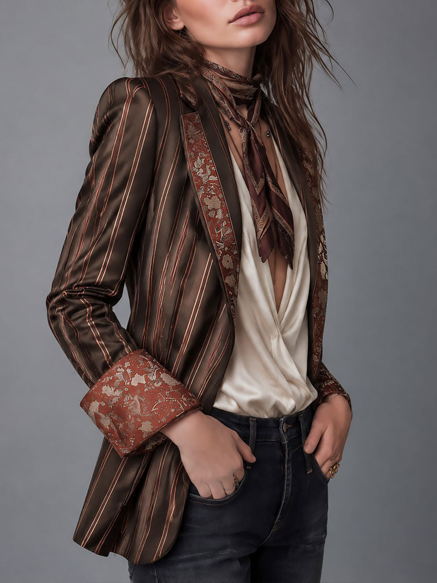Grace | Retro Striped Satin Blazer with Floral Brocade Trim