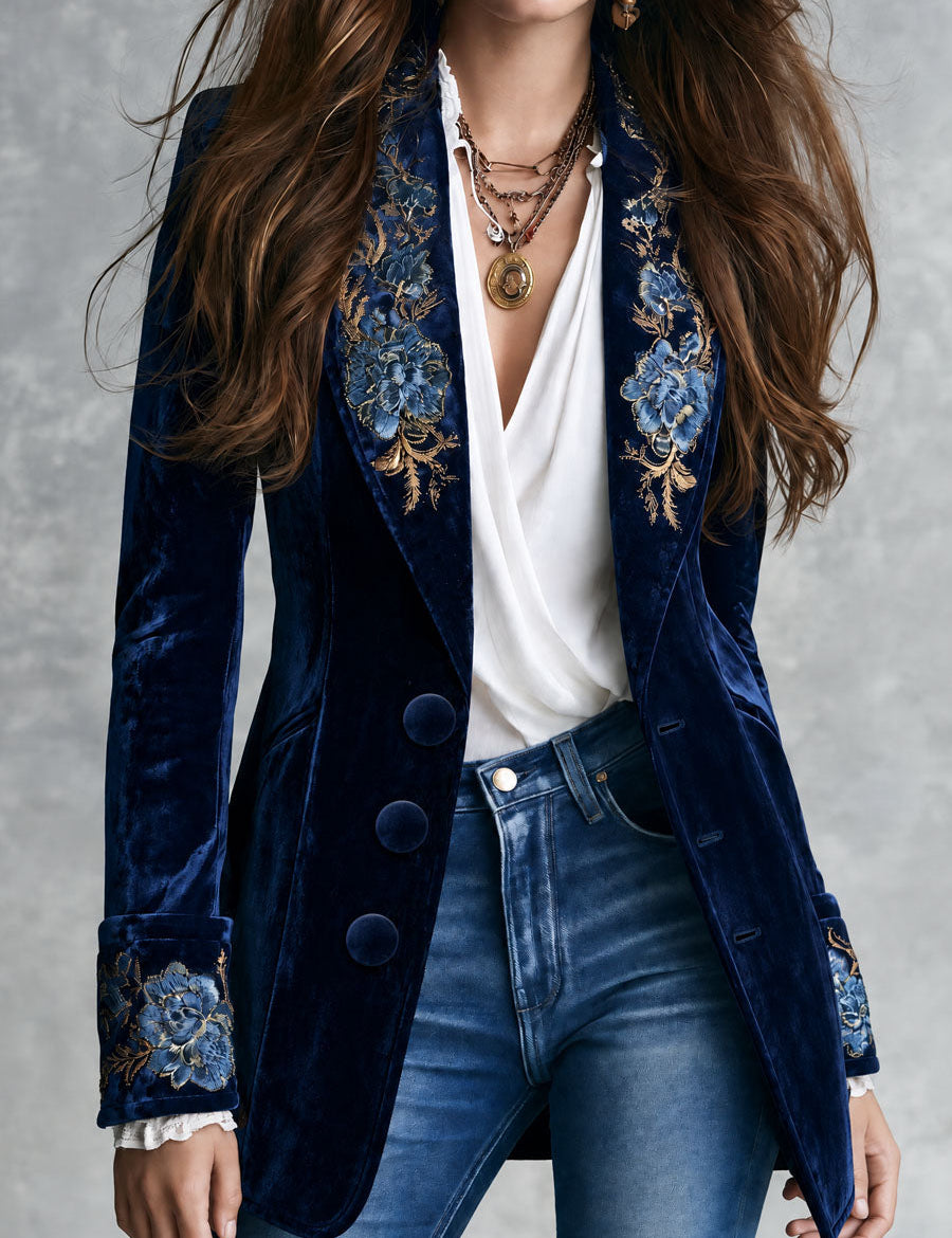 Florence | Retro Navy Velvet Blazer with Gold Floral Embroidery