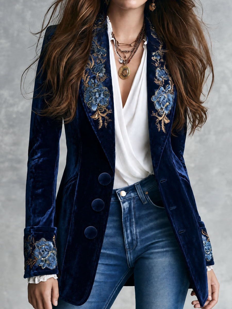 Florence | Retro Navy Velvet Blazer with Gold Floral Embroidery