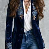 Florence | Retro Navy Velvet Blazer with Gold Floral Embroidery