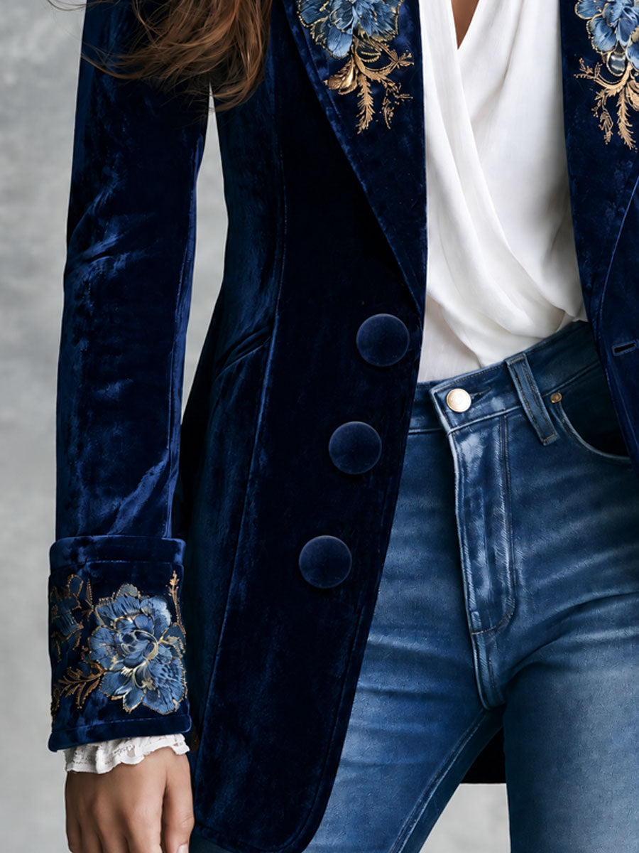 Florence | Retro Navy Velvet Blazer with Gold Floral Embroidery