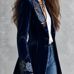 Florence | Retro Navy Velvet Blazer with Gold Floral Embroidery