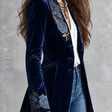 Florence | Retro Navy Velvet Blazer with Gold Floral Embroidery