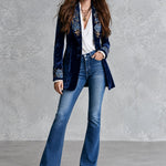 Florence | Retro Navy Velvet Blazer with Gold Floral Embroidery