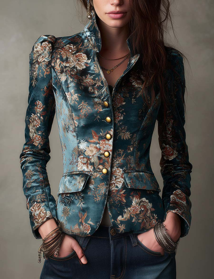 Charlotte | Retro Fitted Floral Brocade Jacket with Stand Collar